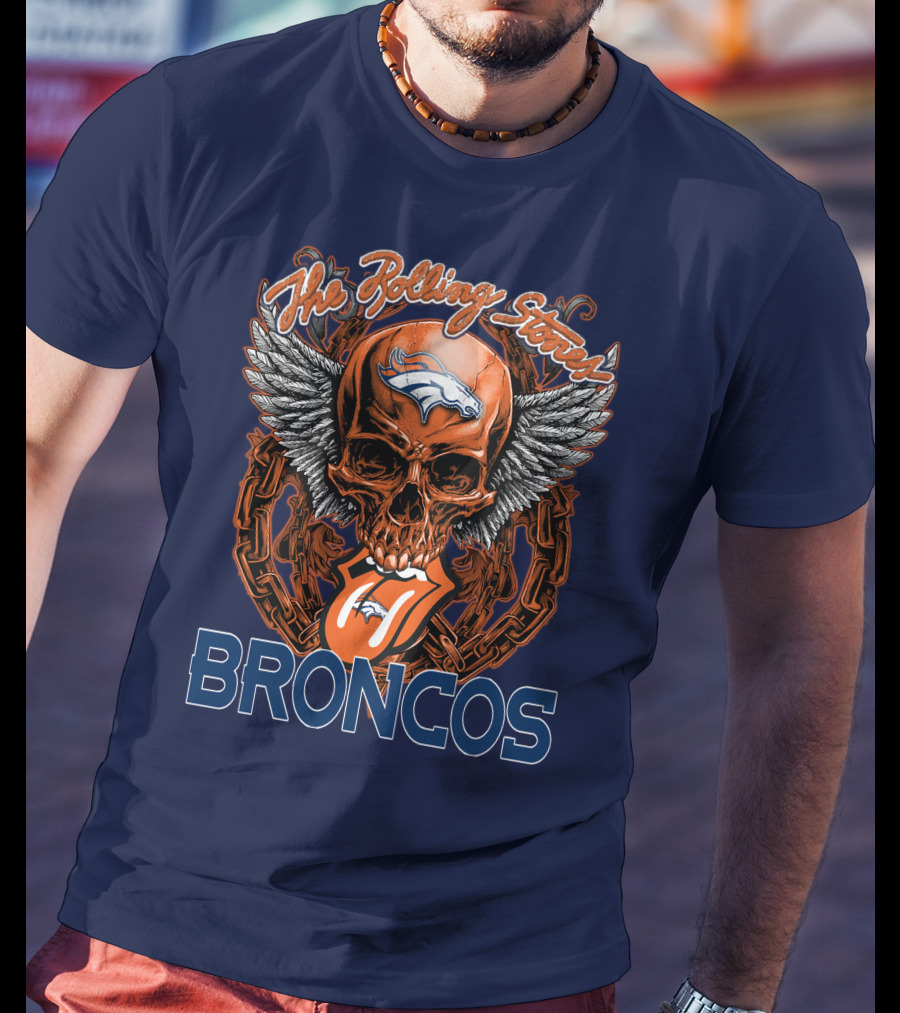 The Rolling Stones Broncos Winged Skull Denver Broncos Logo Tongue T-Shirt