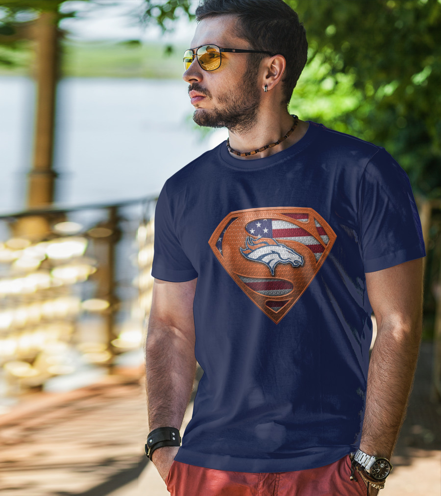 Denver Broncos Superhero Shield American Flag T-Shirt
