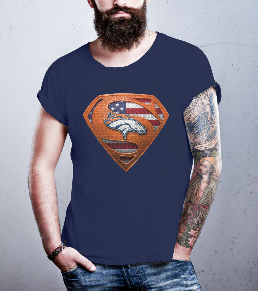 Denver Broncos Superhero Shield American Flag T-Shirt