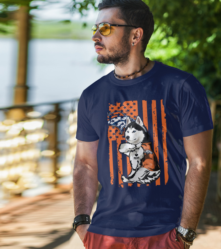 Siberian Husky Mom Denver Broncos Fan Usa Flag T-Shirt