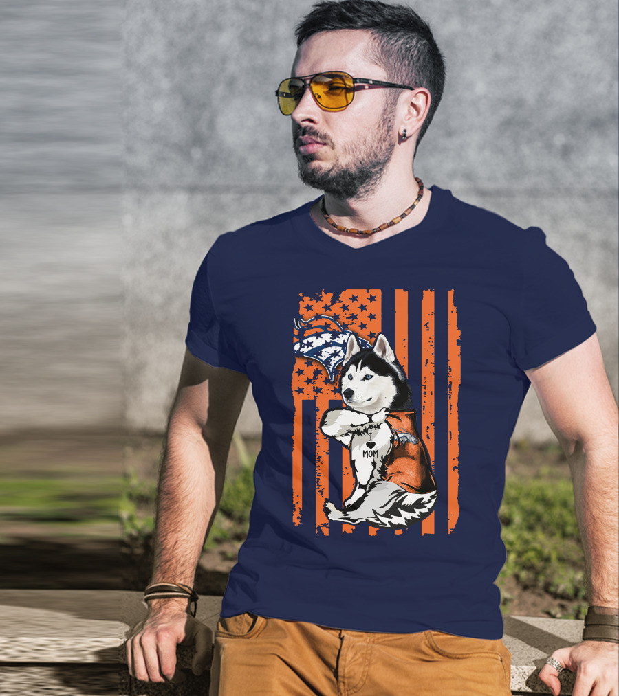 Siberian Husky Mom Denver Broncos Fan Usa Flag T-Shirt