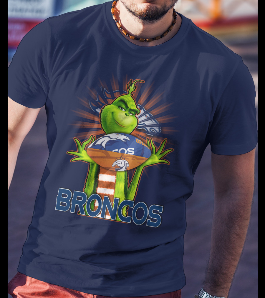 Grinch Holding Denver Broncos Football T-Shirt