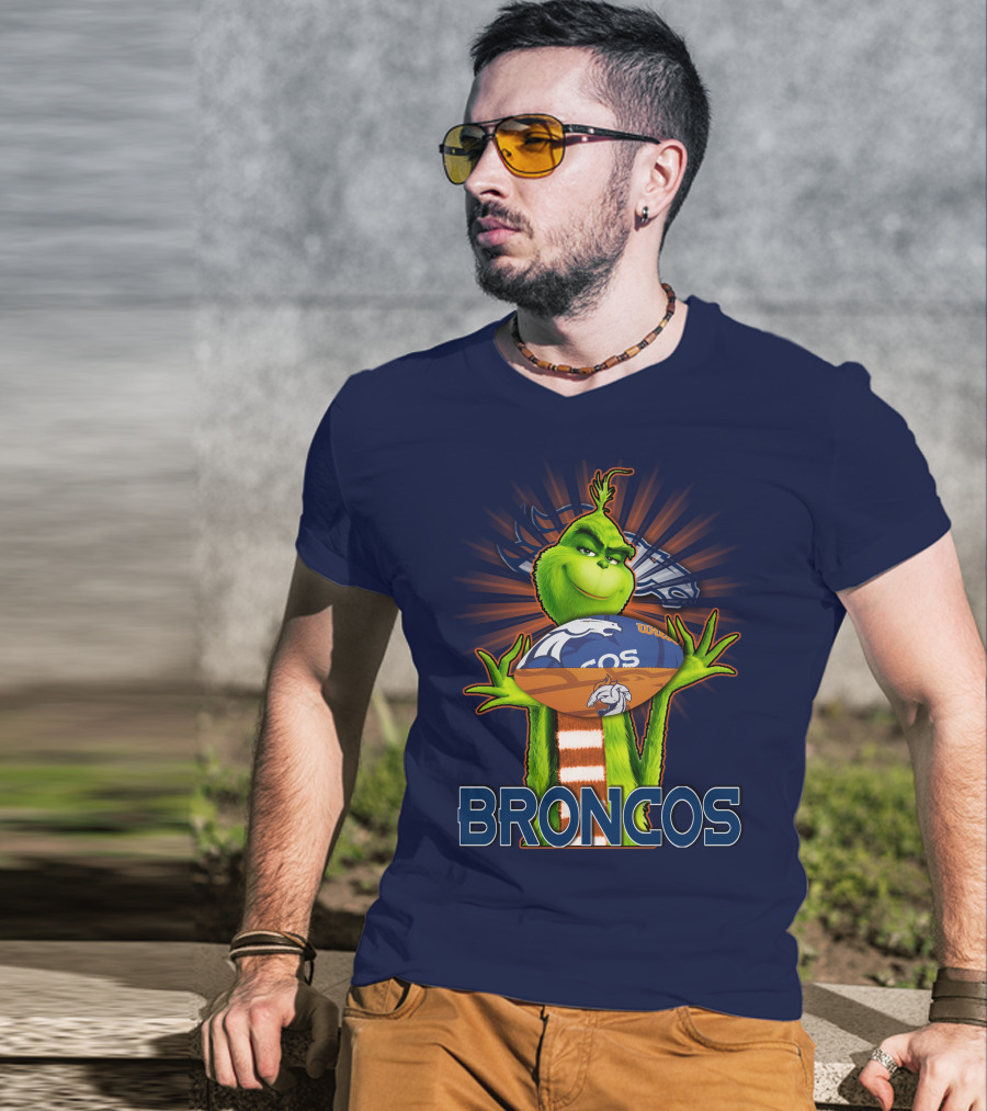 Grinch Holding Denver Broncos Football T-Shirt