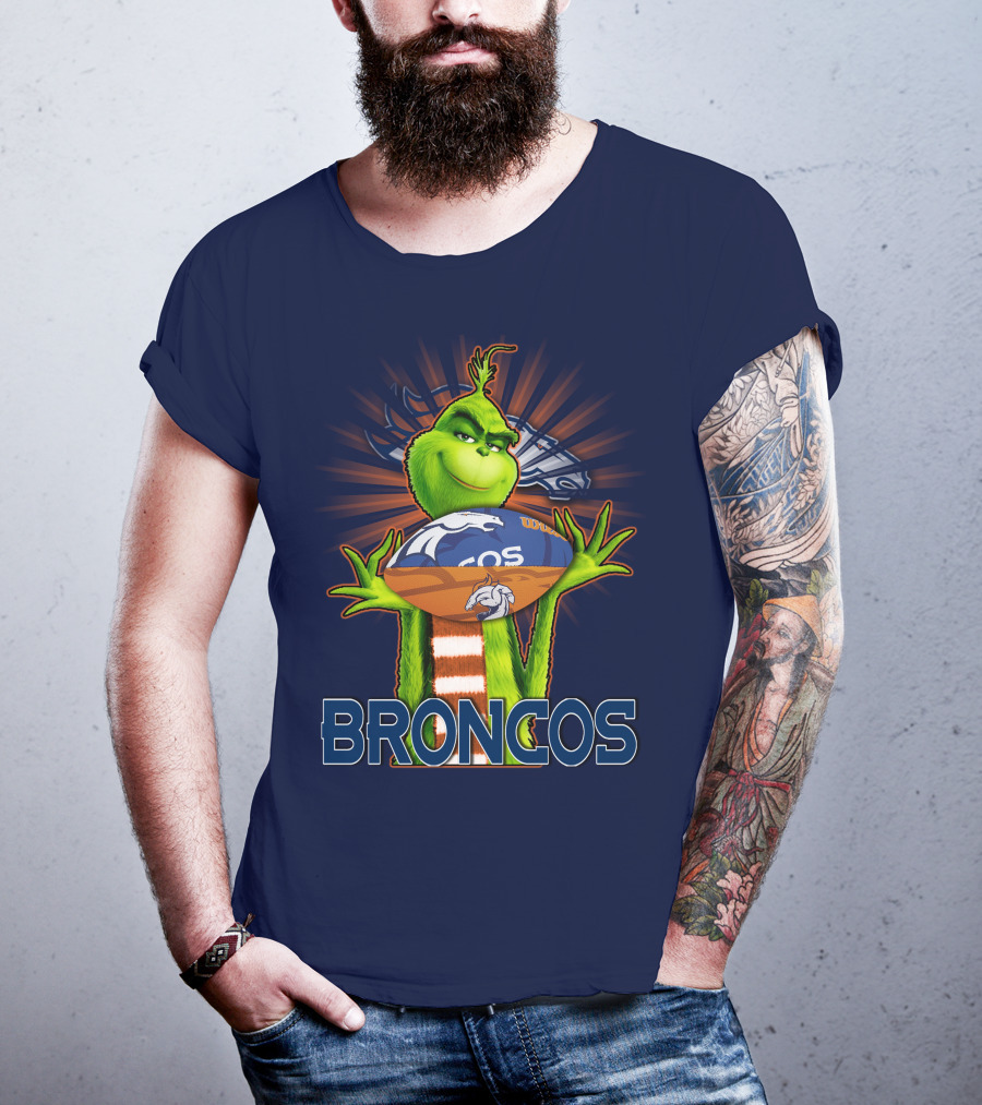 Grinch Holding Denver Broncos Football T-Shirt
