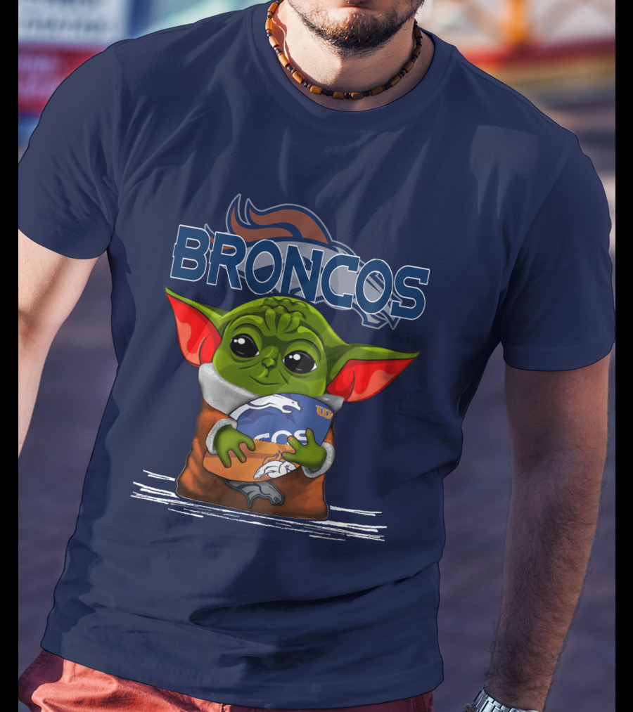 Yoda Holding Denver Broncos Logo With Baby Alien In Orange Robe T-Shirt
