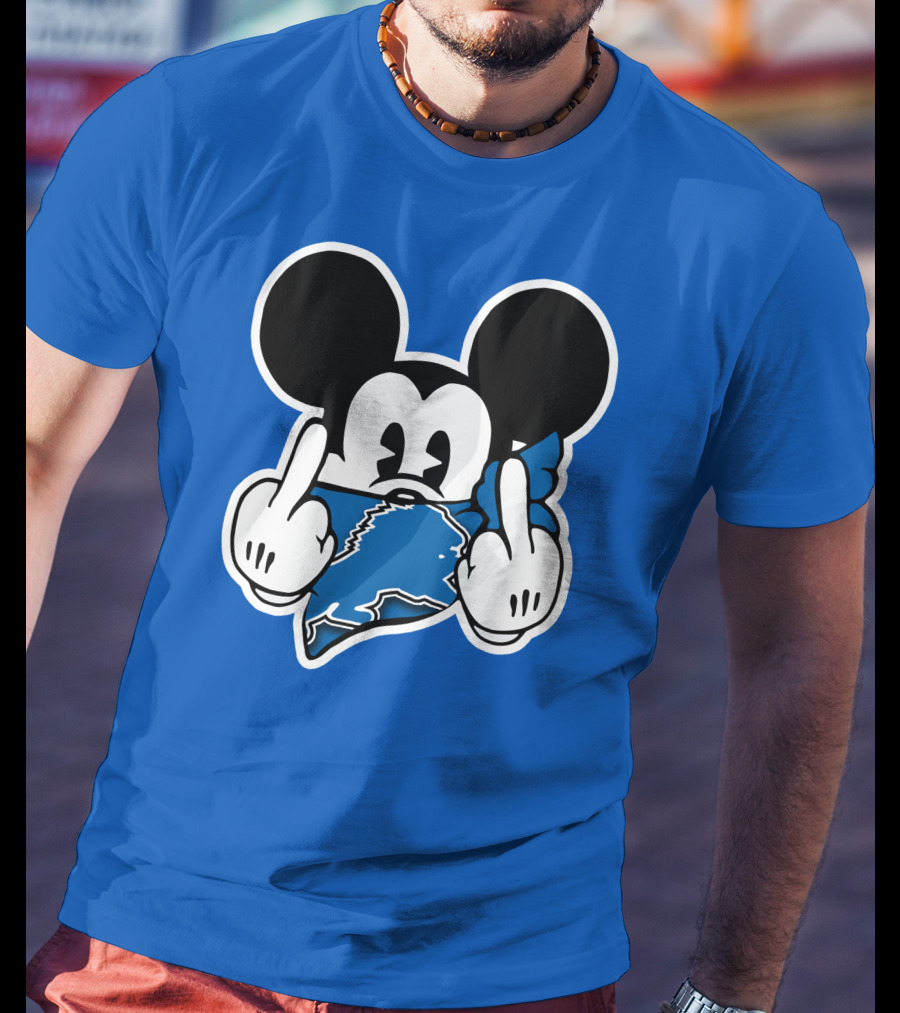 Detroit Lions 53 Mickey Mouse Gesture Blue Bandana T-Shirt