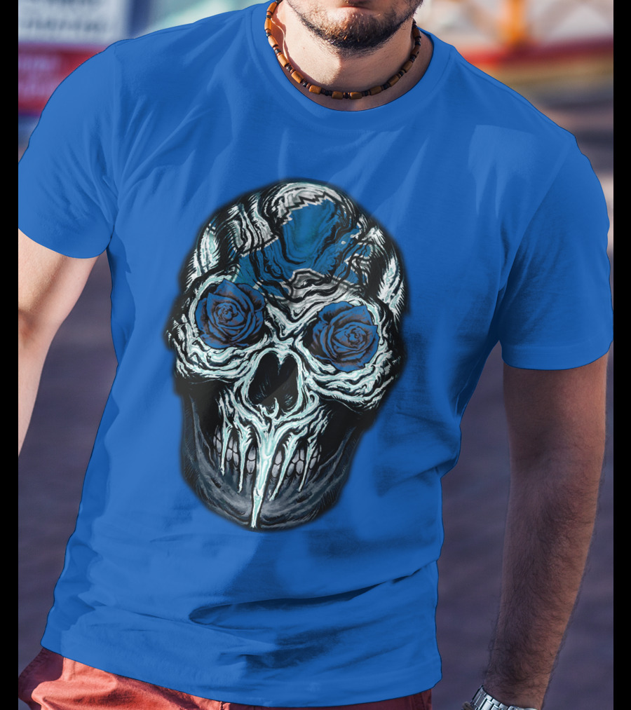 Detroit Lions 57 Skull Blue Roses T-Shirt
