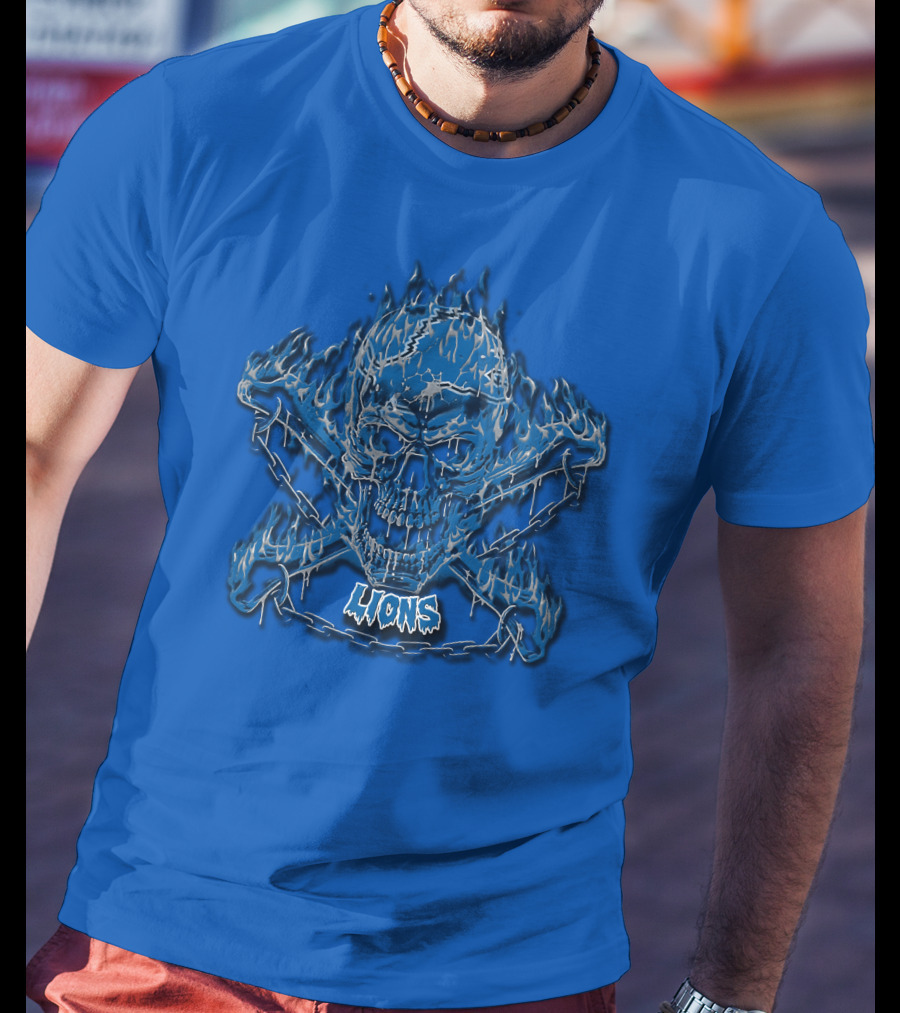 Detroit Lions Skull And Crossbones Fiery Blue T-Shirt