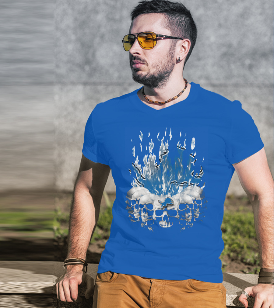Detroit Lions 16 Flaming Skulls T-Shirt
