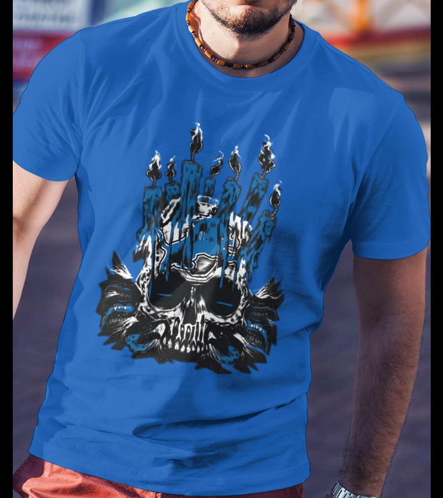 Detroit Lions Skull With Blue Flames And Candles T-Shirt