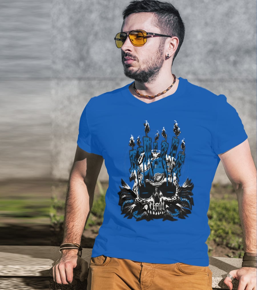 Detroit Lions Skull With Blue Flames And Candles T-Shirt