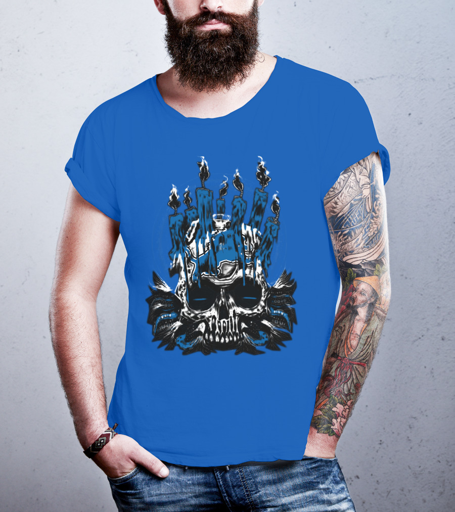 Detroit Lions Skull With Blue Flames And Candles T-Shirt