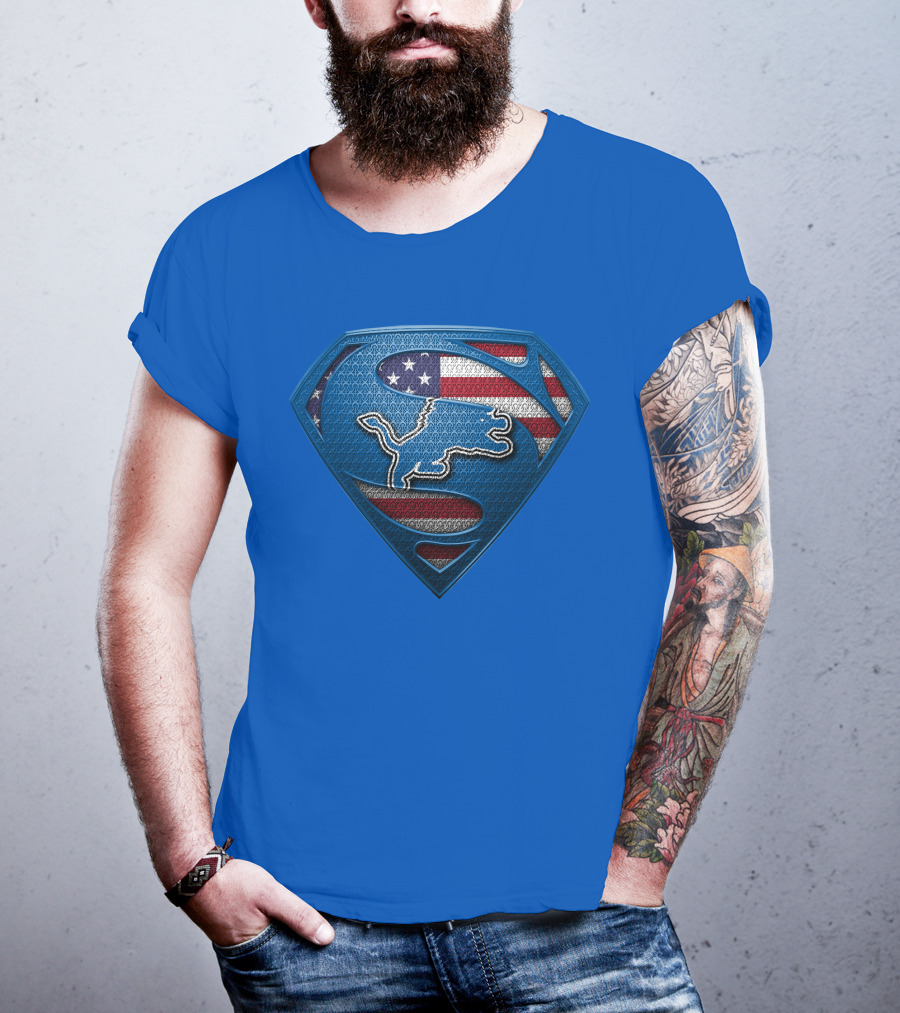 Spm Detroit Lions Superman Shield American Flag T-Shirt
