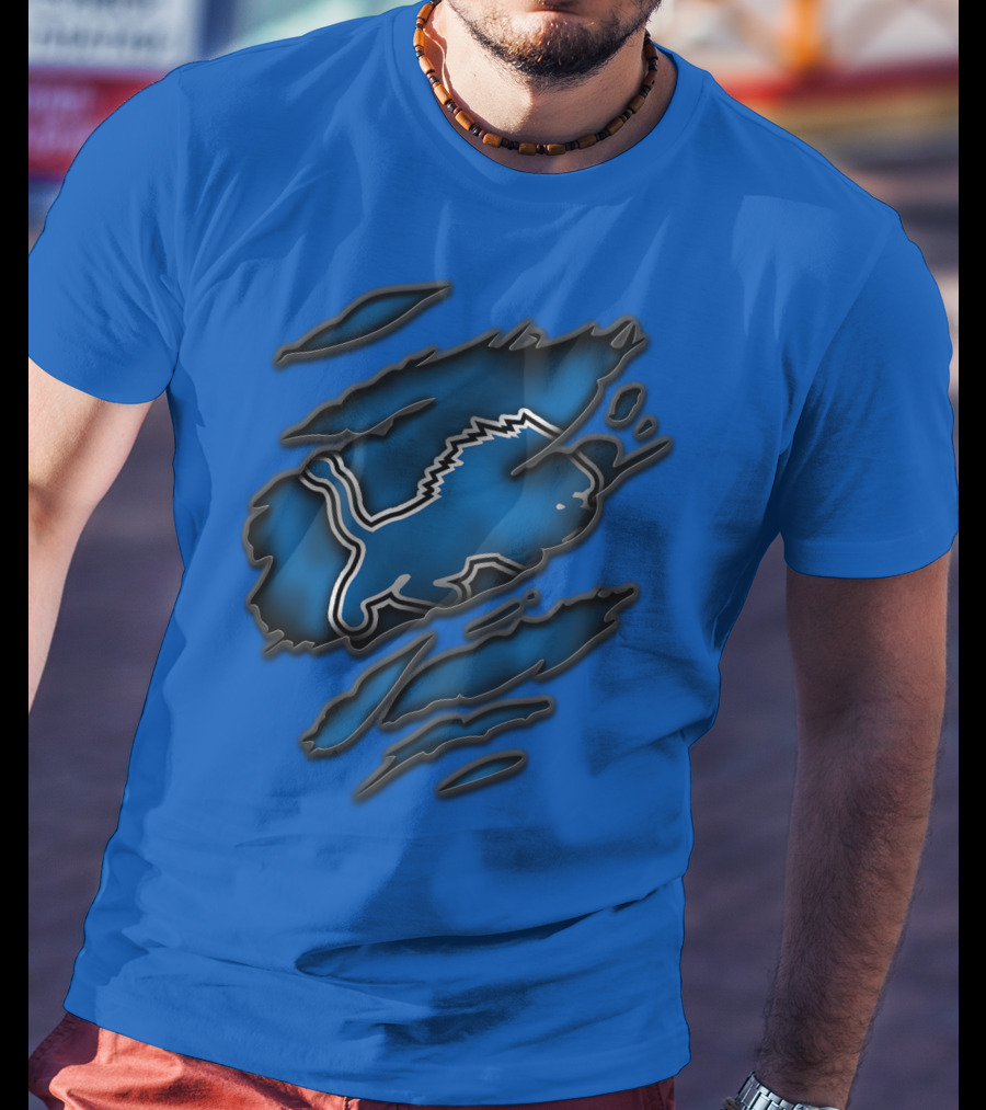 Torn Detroit Lions Blue Texture With Iconic Lion Logo In Claw Marks T-Shirt