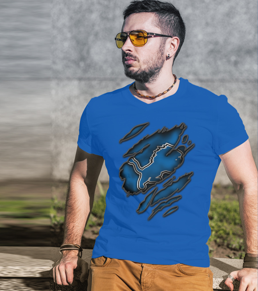 Torn Detroit Lions Blue Texture With Iconic Lion Logo In Claw Marks T-Shirt
