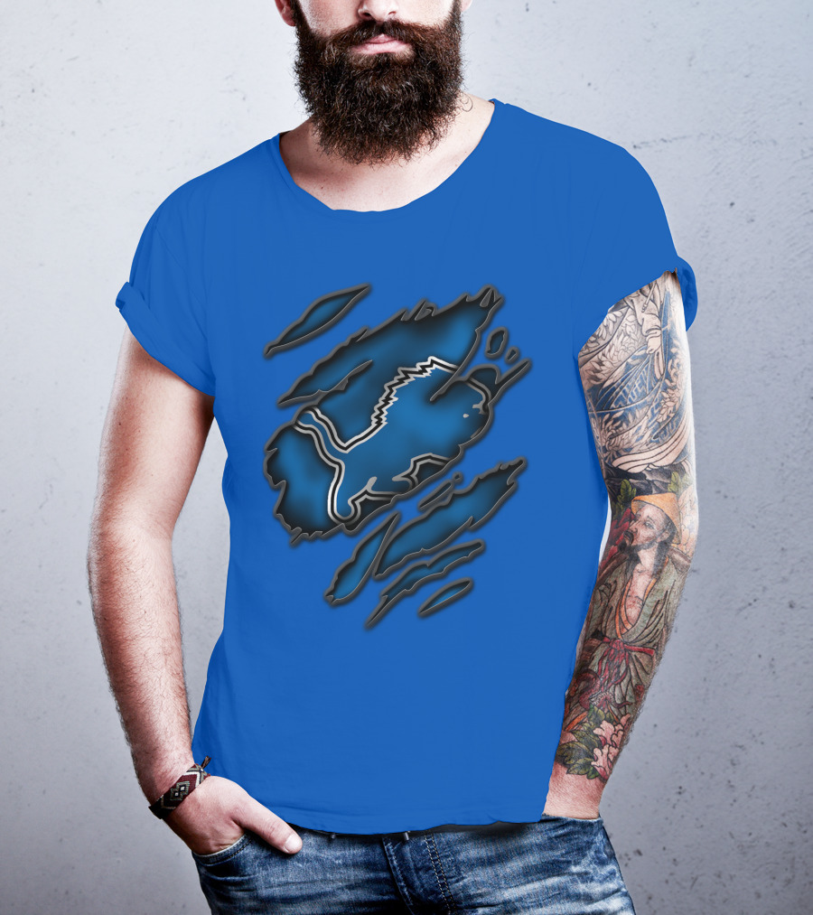 Torn Detroit Lions Blue Texture With Iconic Lion Logo In Claw Marks T-Shirt