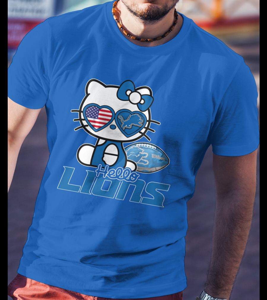 Hello Kitty Usa Detroit Lions Football Heart Glasses T-Shirt