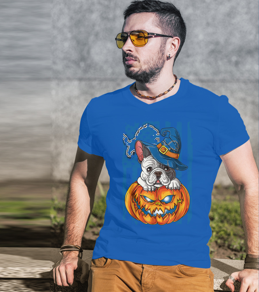 Hlw Bulldog DETROIT LIONS Halloween Bulldog Pumpkin Pajama Football Fan Gift T-Shirt