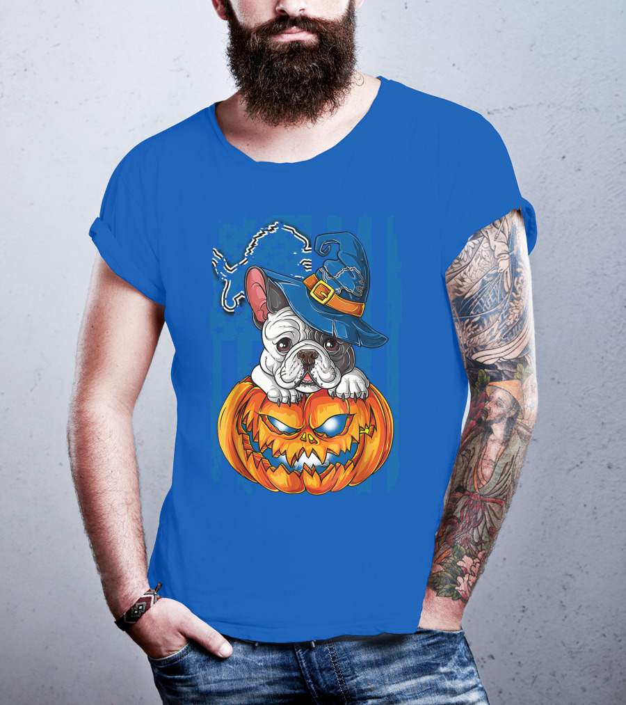Hlw Bulldog DETROIT LIONS Halloween Bulldog Pumpkin Pajama Football Fan Gift T-Shirt