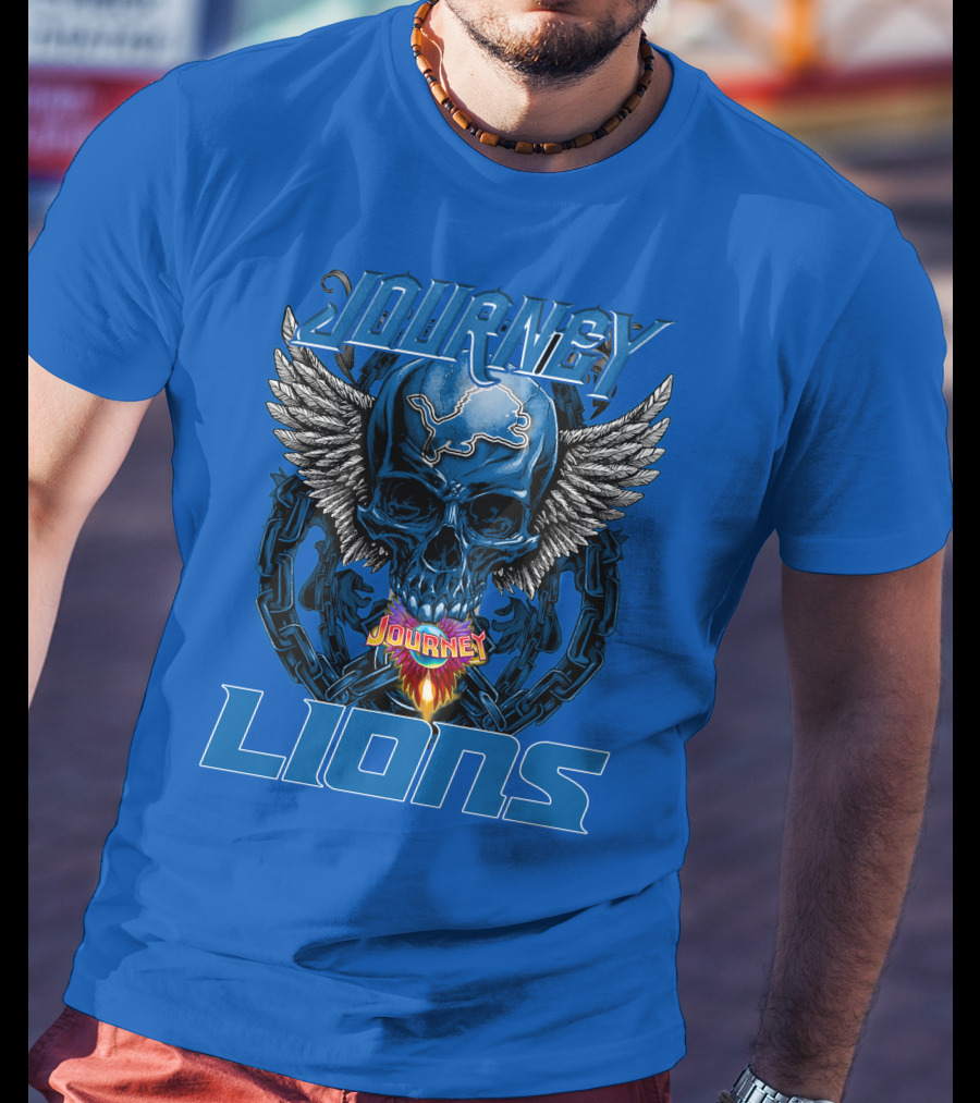 Journey Detroit Lions Skull Wings Flame Chain T-Shirt