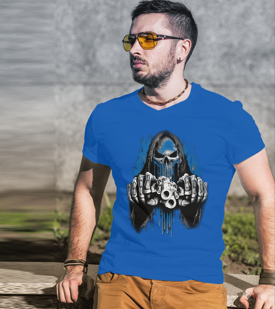 Detroit Lions 67 Grim Reaper Skeleton Guns T-Shirt