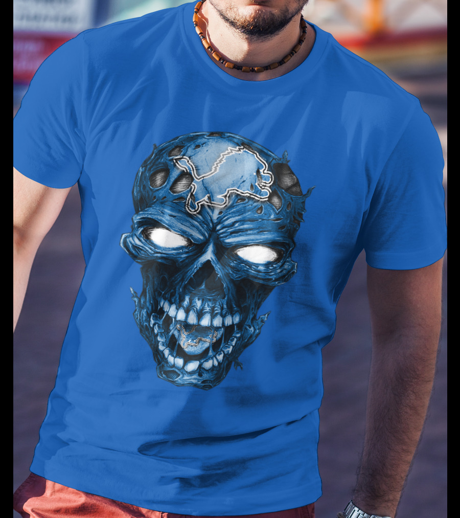 Skull Detroit Lions Distressed Blue Grunge T-Shirt