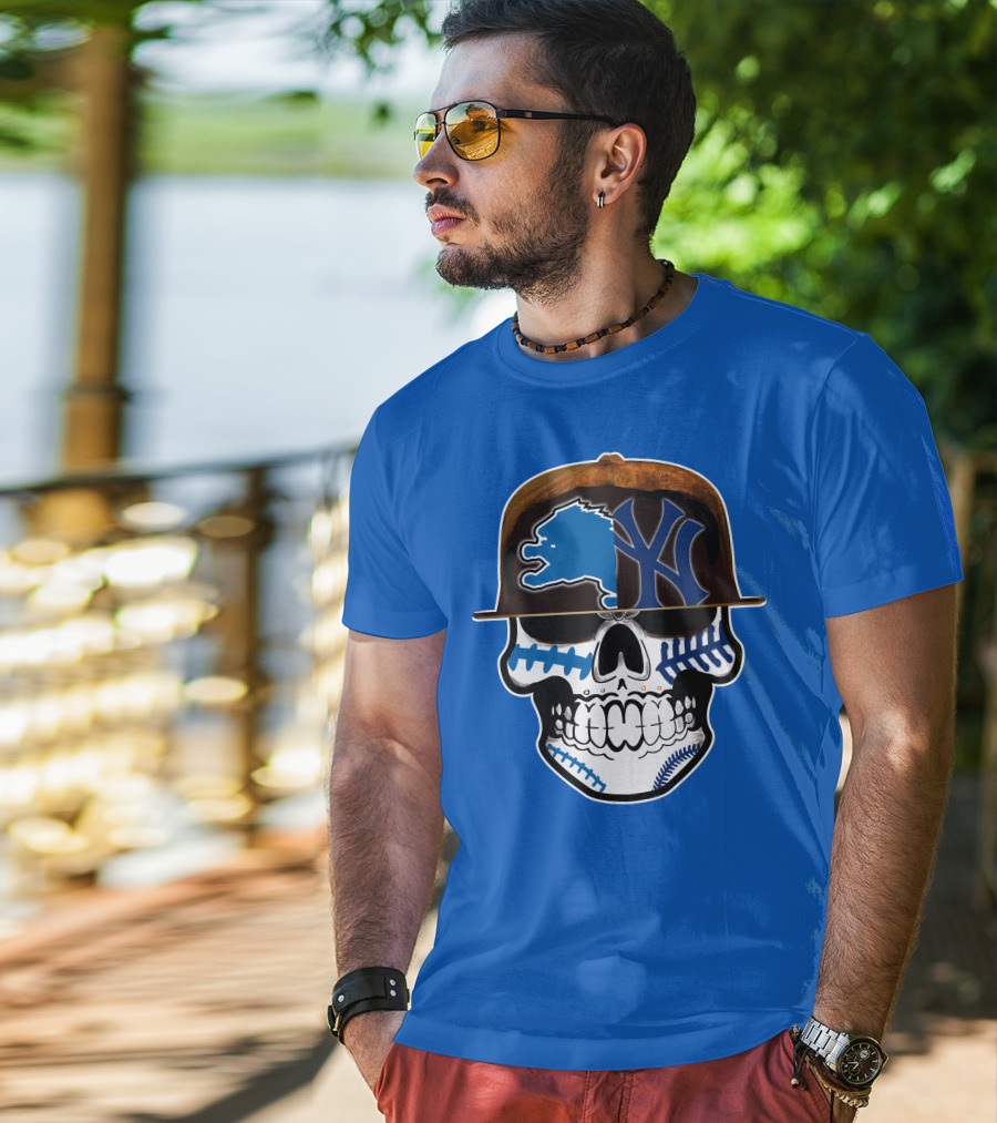 Detroit Lions Yankees Skull Blue Baseball Hat 74 T-Shirt