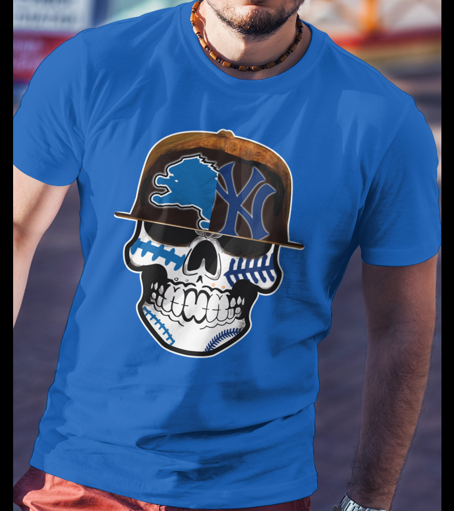 Detroit Lions Yankees Skull Blue Baseball Hat 74 T-Shirt
