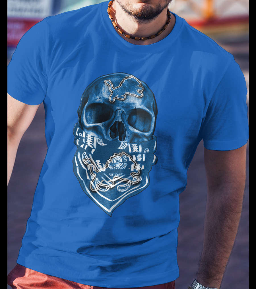 Detroit Lions Skull Bandana Blue T-Shirt