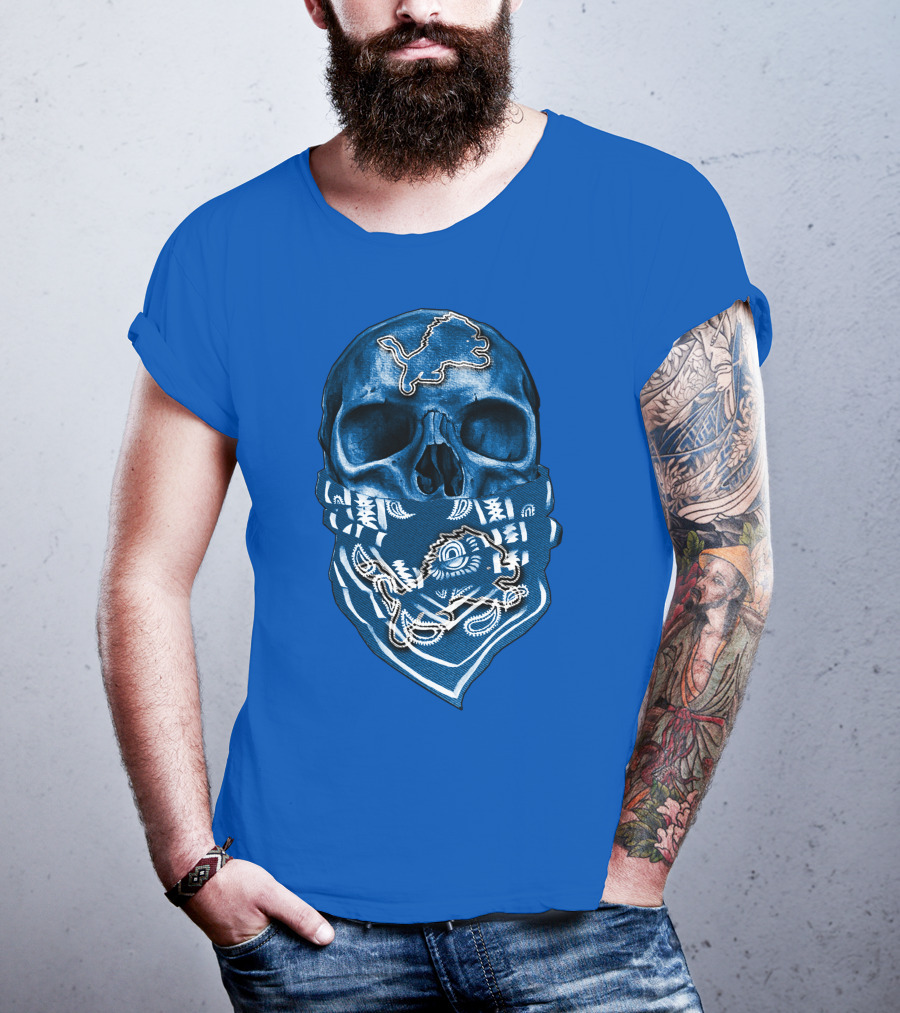 Detroit Lions Skull Bandana Blue T-Shirt