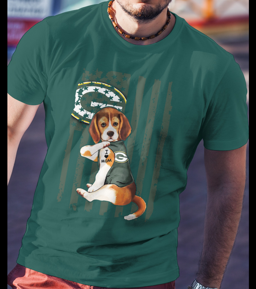 Beagle Wearing Green Bay Packers Jersey With I Love Mom Tattoo T-Shirt