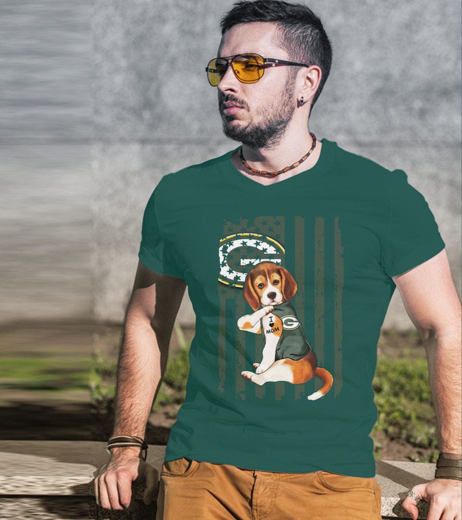 Beagle Wearing Green Bay Packers Jersey With I Love Mom Tattoo T-Shirt