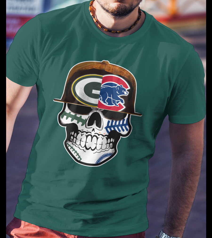 Green Bay Packers Chicago Cubs Skull Hat T-Shirt