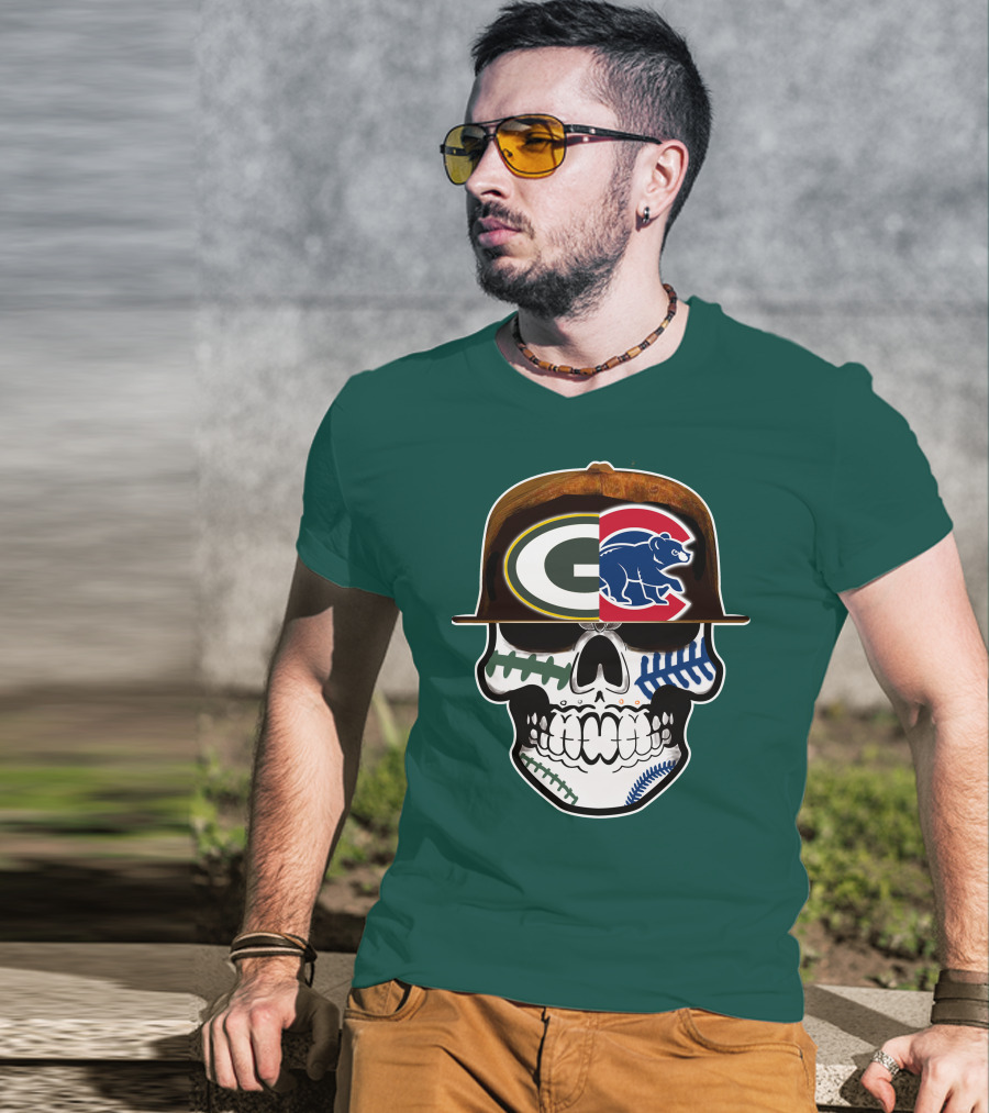 Green Bay Packers Chicago Cubs Skull Hat T-Shirt