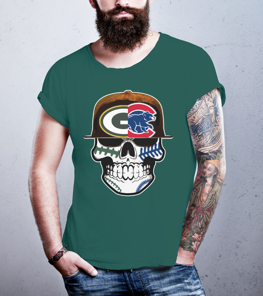 Green Bay Packers Chicago Cubs Skull Hat T-Shirt