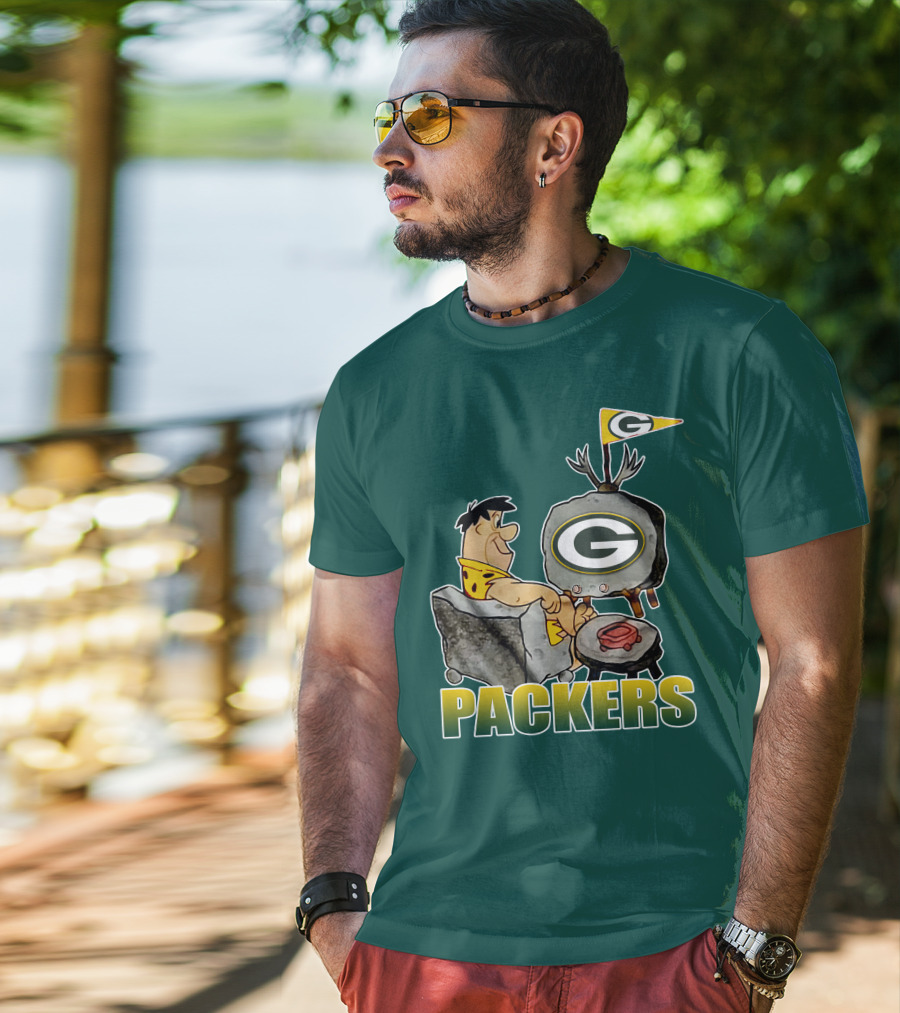 Packers Fred Flintstone Watching Tv With Green Bay T-Shirt