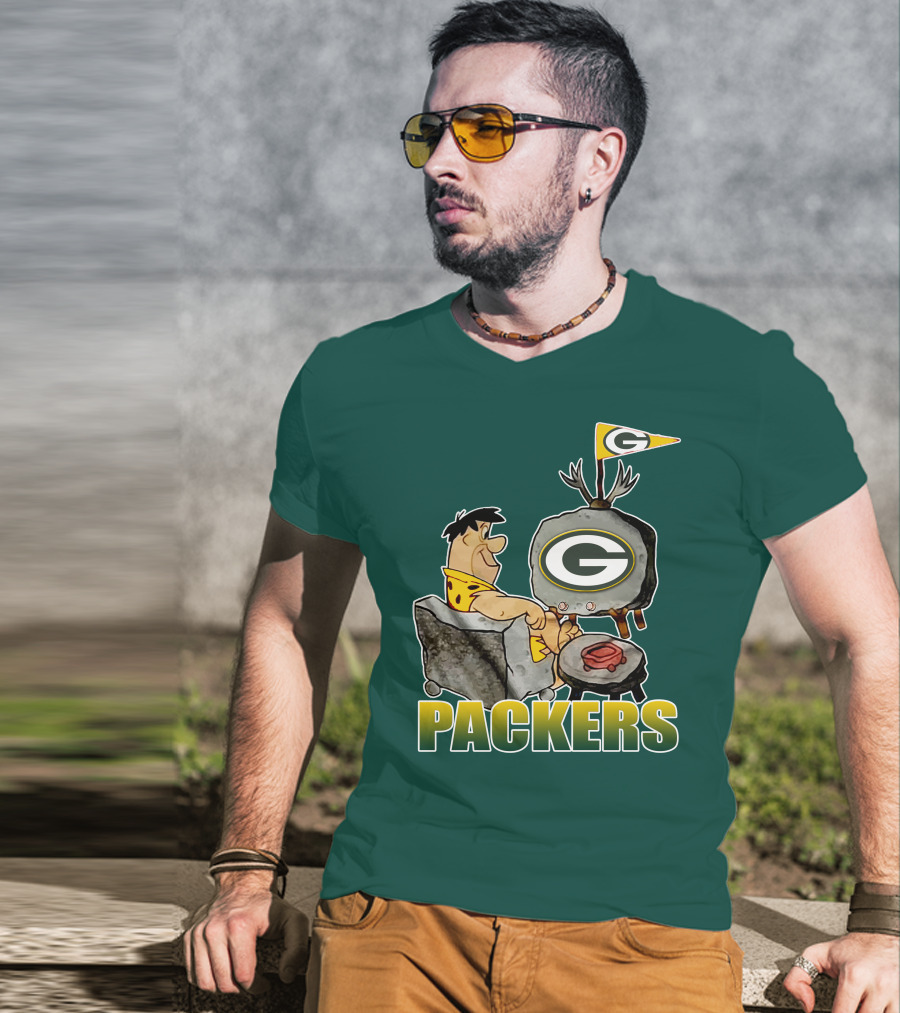 Packers Fred Flintstone Watching Tv With Green Bay T-Shirt
