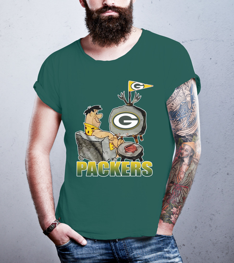 Packers Fred Flintstone Watching Tv With Green Bay T-Shirt