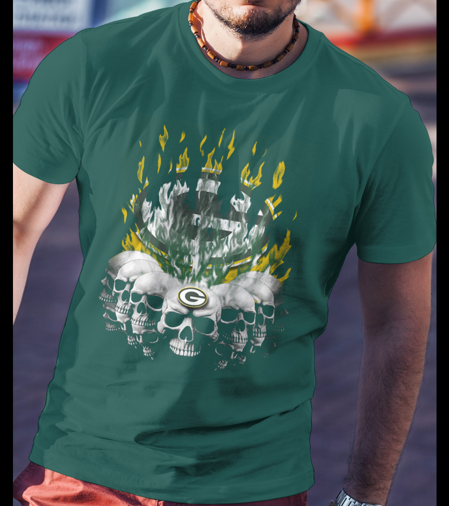 Green Bay Packers Flaming Skull T-Shirt