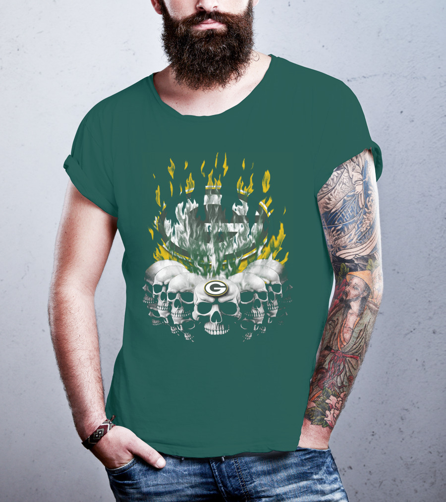 Green Bay Packers Flaming Skull T-Shirt