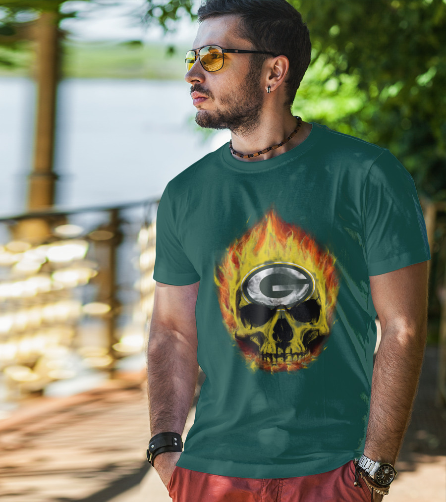 Green Bay Packers Skull Flames T-Shirt