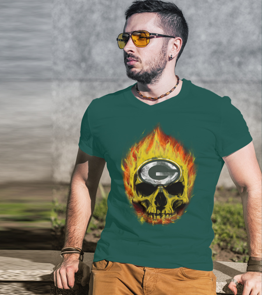 Green Bay Packers Skull Flames T-Shirt