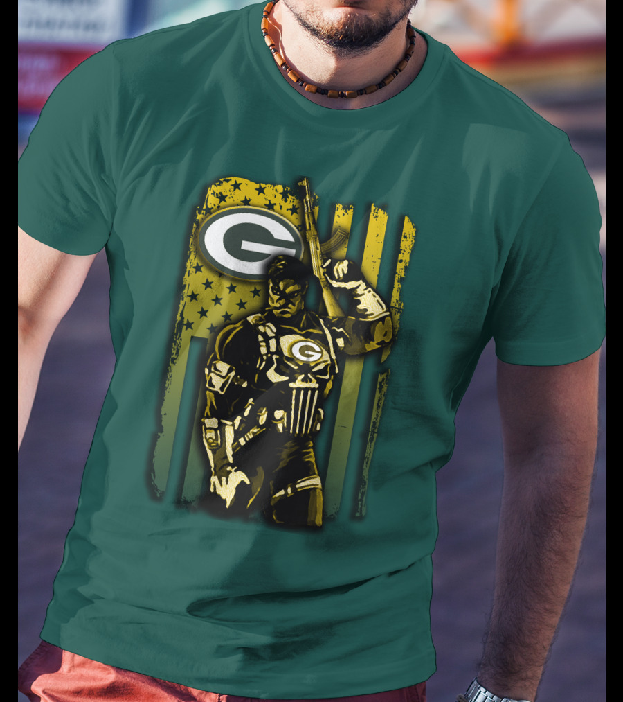 Green Bay Packers Soldier With Rifle And American Flag T-Shirt