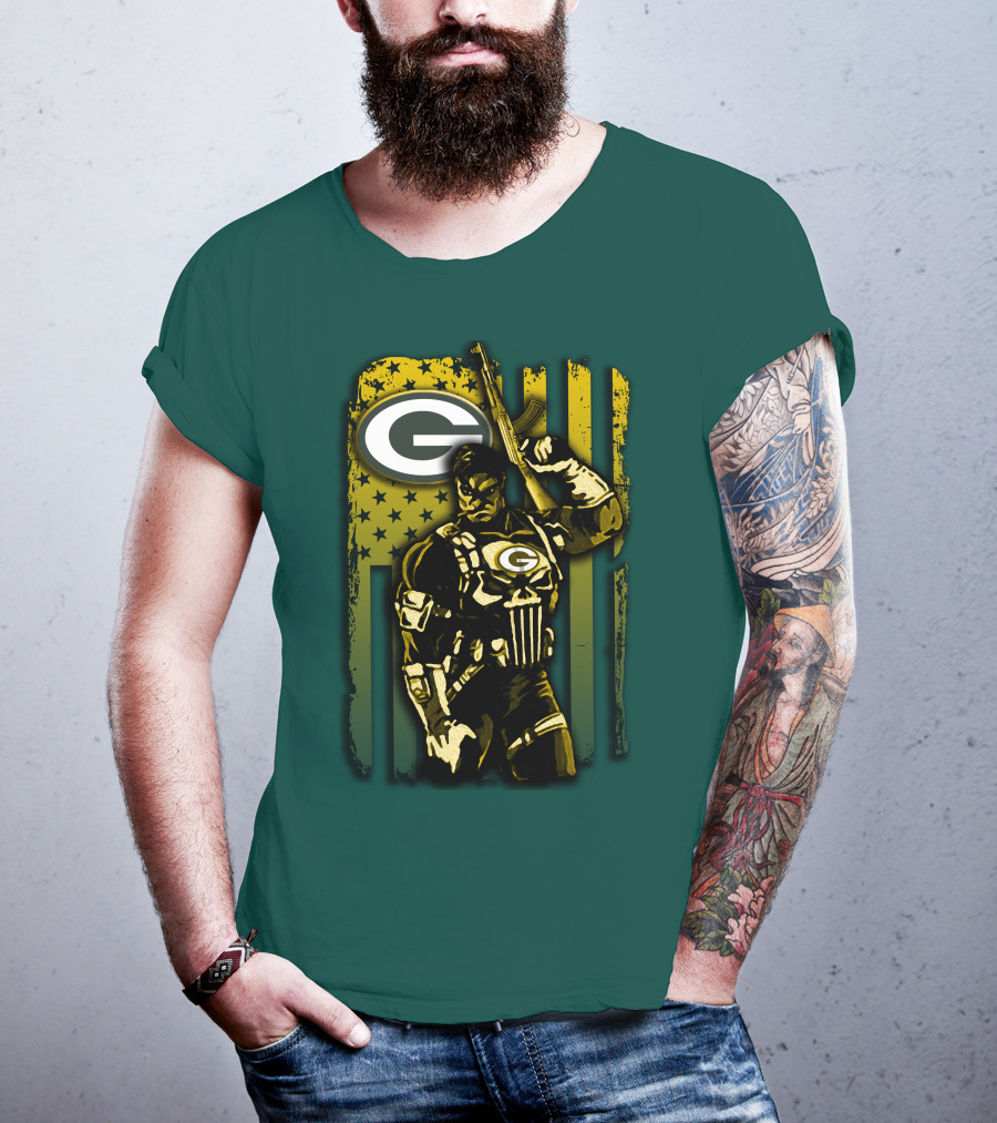 Green Bay Packers Soldier With Rifle And American Flag T-Shirt