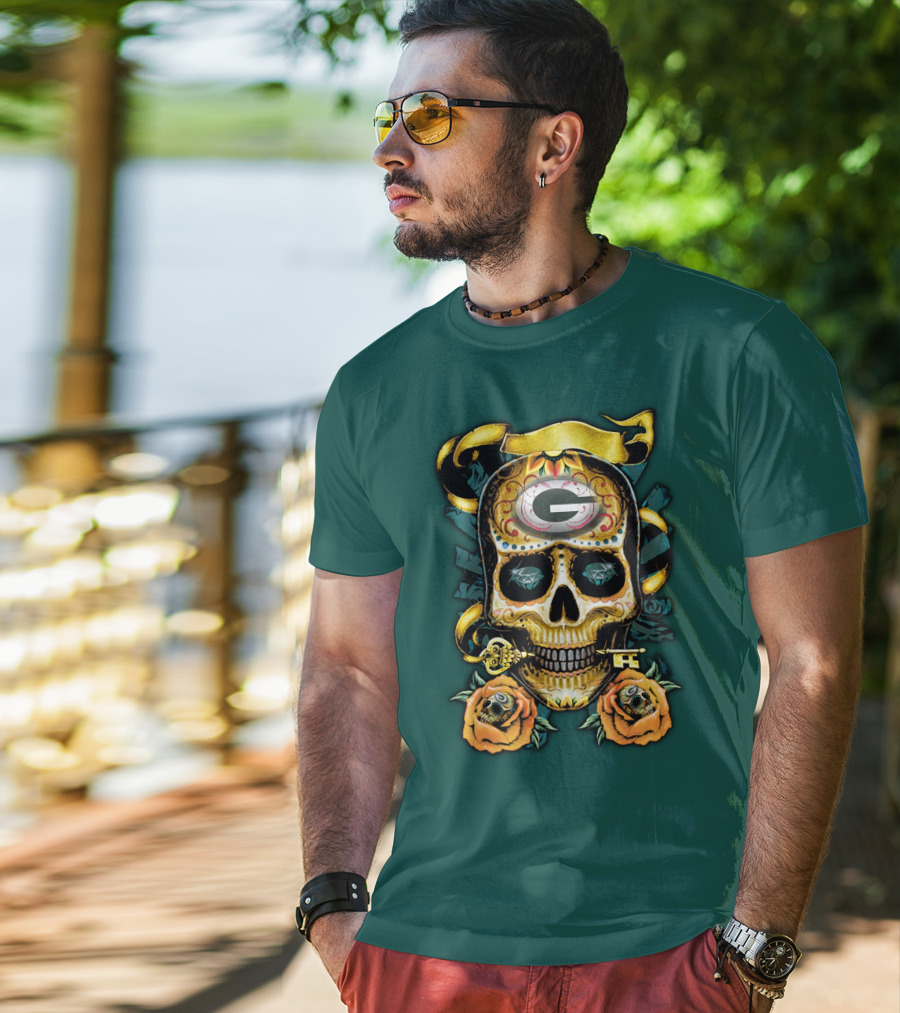 Green Bay Packers Sugar Skull Gothic Design With Floral And Key Elements T-Shirt