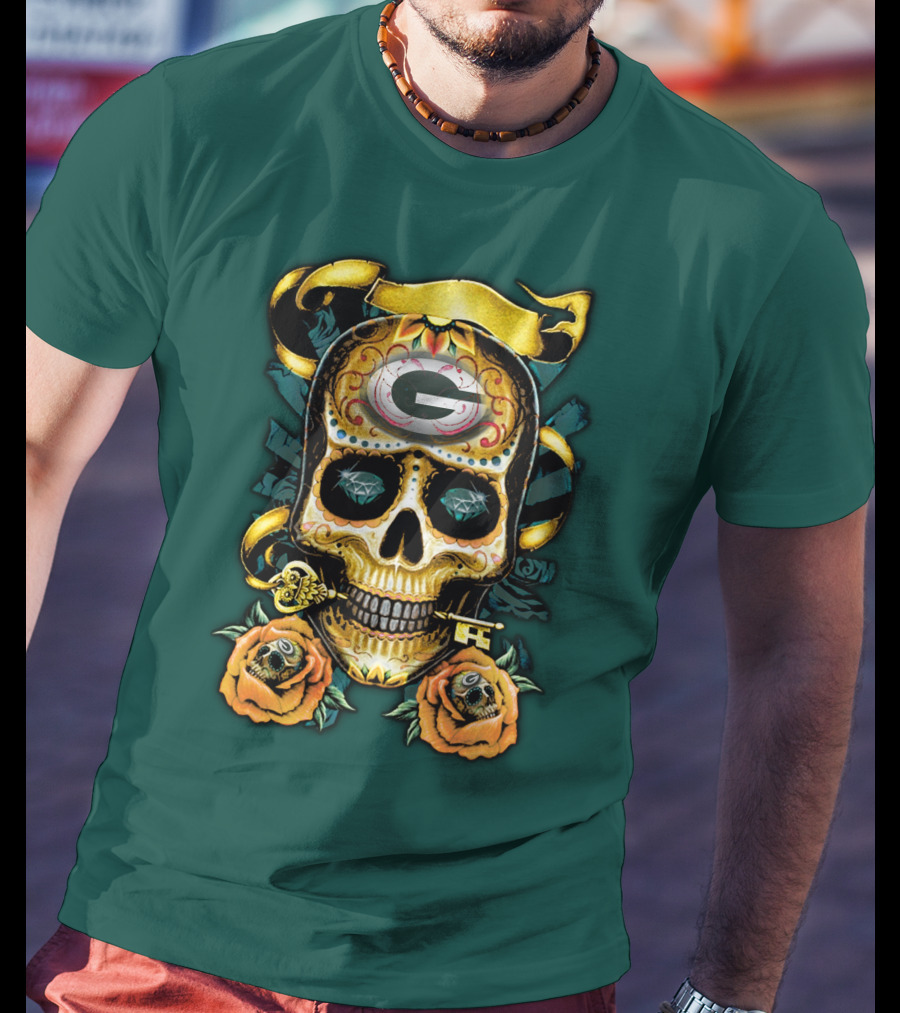 Green Bay Packers Sugar Skull Gothic Design With Floral And Key Elements T-Shirt