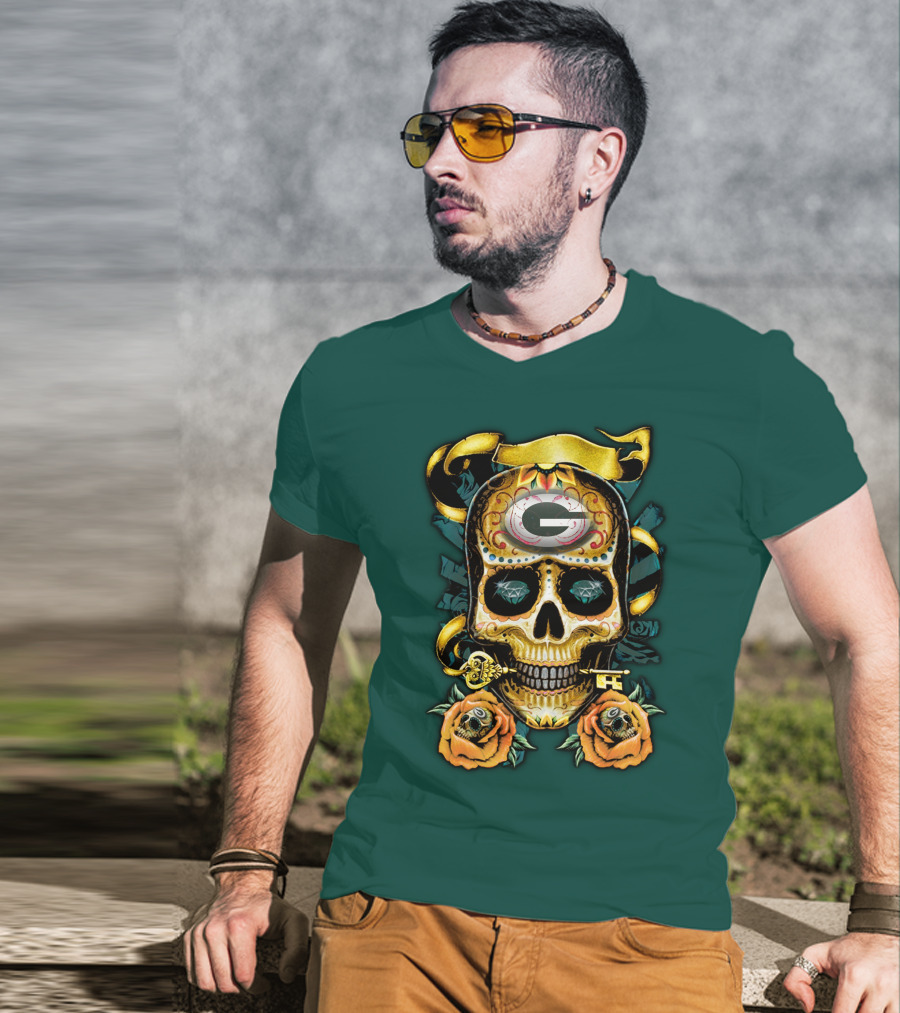 Green Bay Packers Sugar Skull Gothic Design With Floral And Key Elements T-Shirt