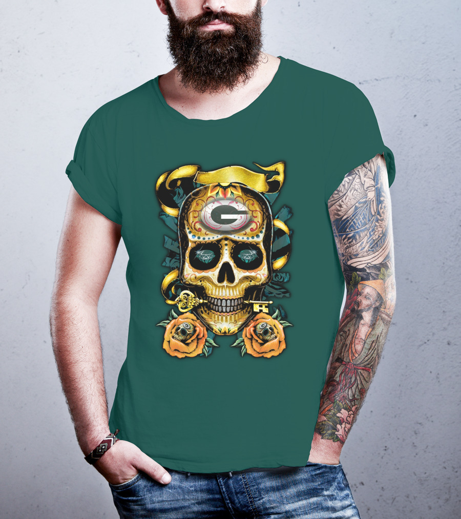 Green Bay Packers Sugar Skull Gothic Design With Floral And Key Elements T-Shirt