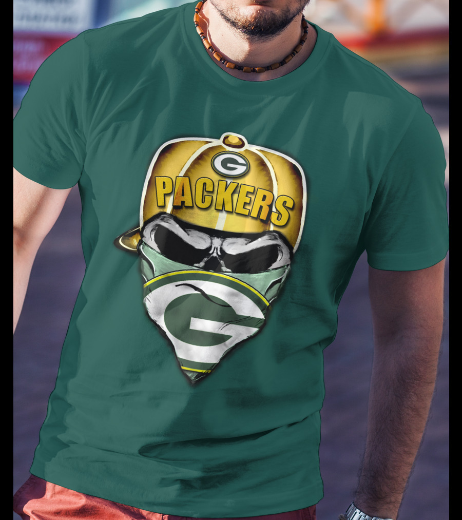 Packers Skull Bandana Hard Hat G Logo Green Bay 29 T-Shirt