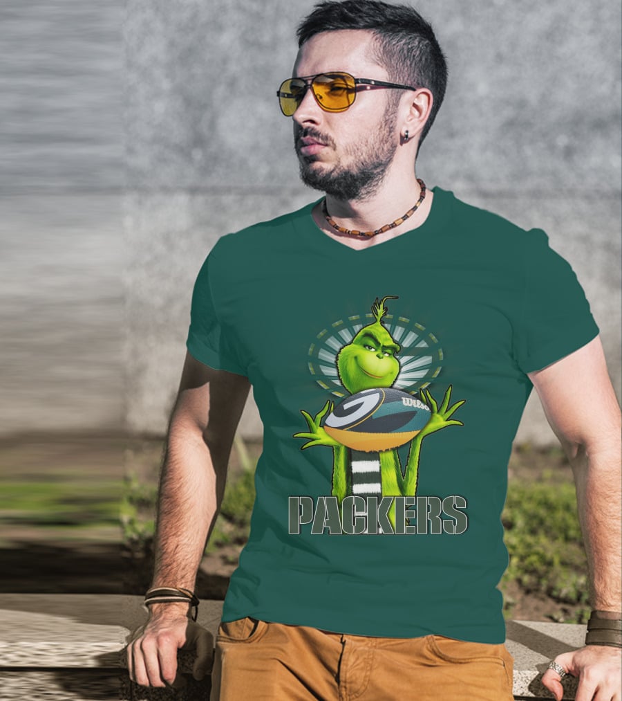Grinch Holding Green Bay Packers Wilson Football T-Shirt